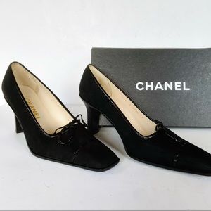 CHANEL black suede square toe heels  pumps 38